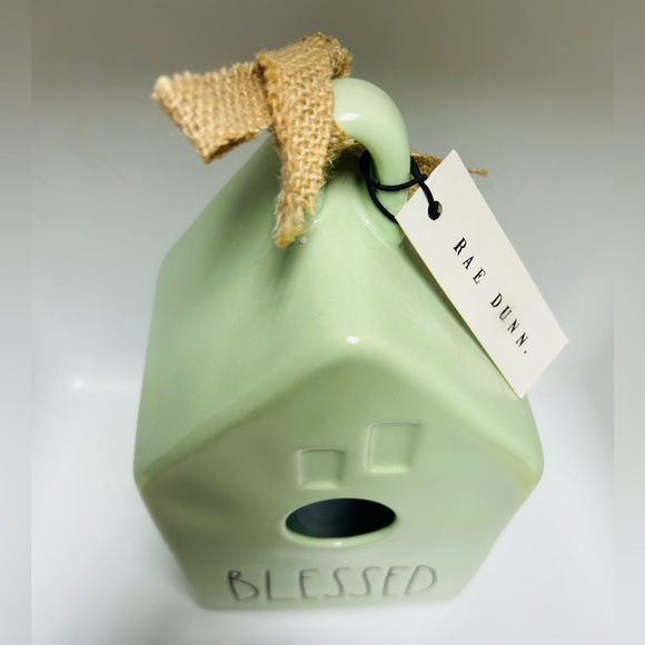 Rae Dunn sage green bird house “BLESSED”. NEW. Burlap ribbon. - Picture 2 of 6